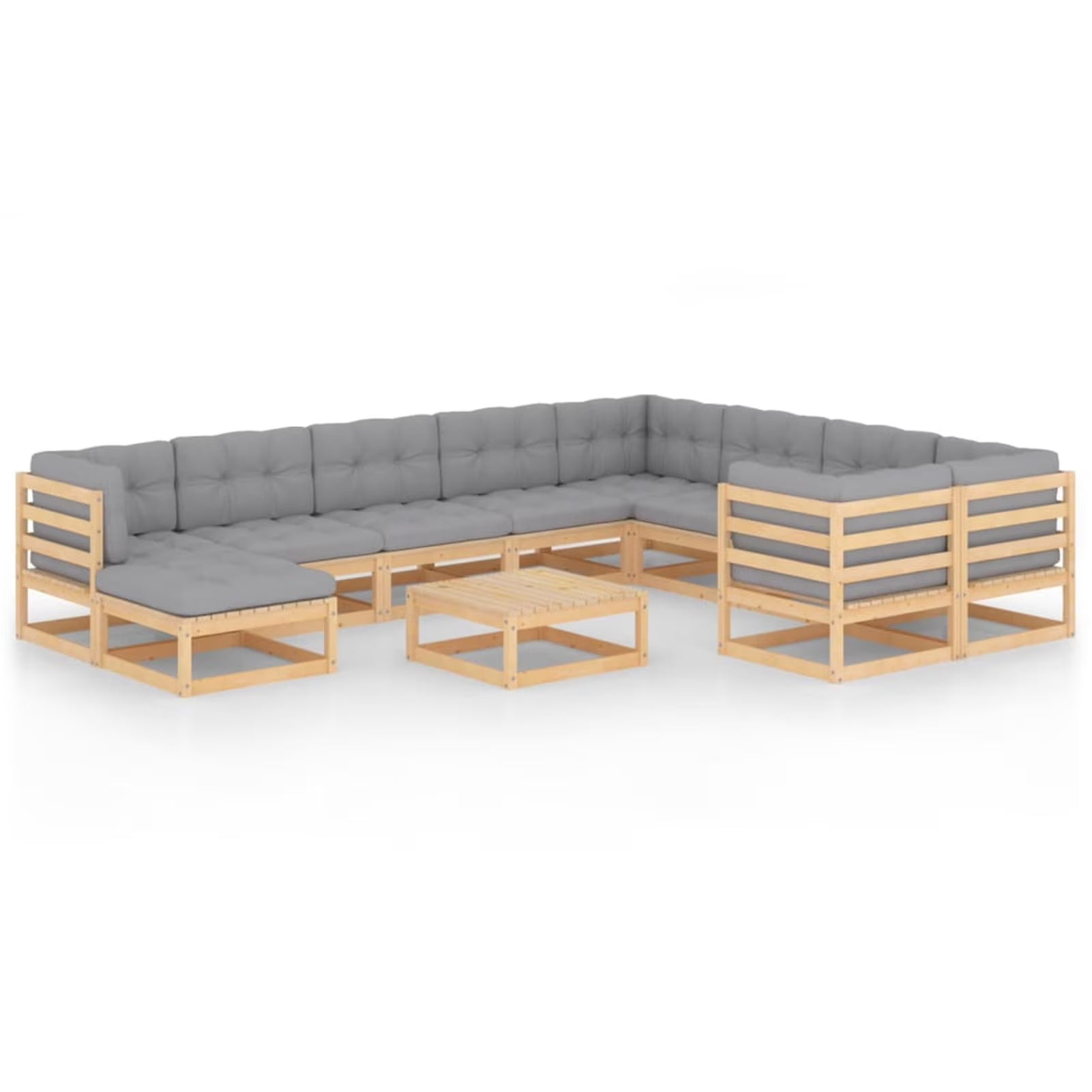 11 Piece Gray Cushioned Pinewood Sectional Outdoor Furniture Set M433