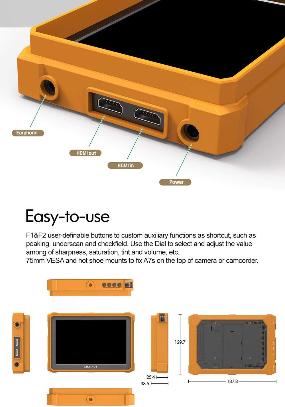 7 Inch 4K HDMI Field Monitor with Yellow Rubber Case M24476