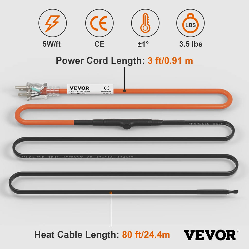 Self-Regulating Pipe Heating Cable, 80-feet 5W/ft, 120V G286235
