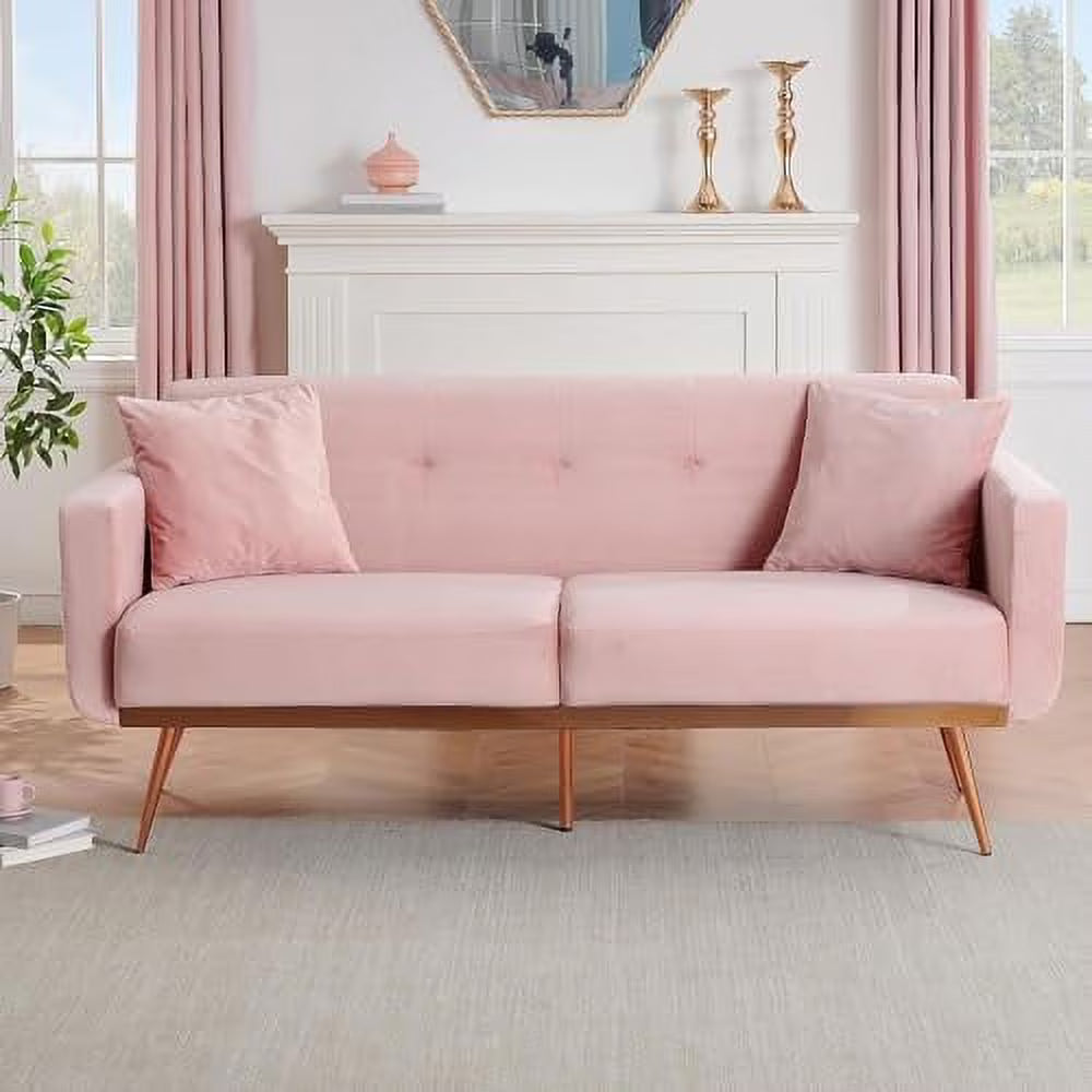 Pink Velvet Fabric Sofa Bed Futon with 2 Pillows 70.3 inch Loveseat Sofa V63032