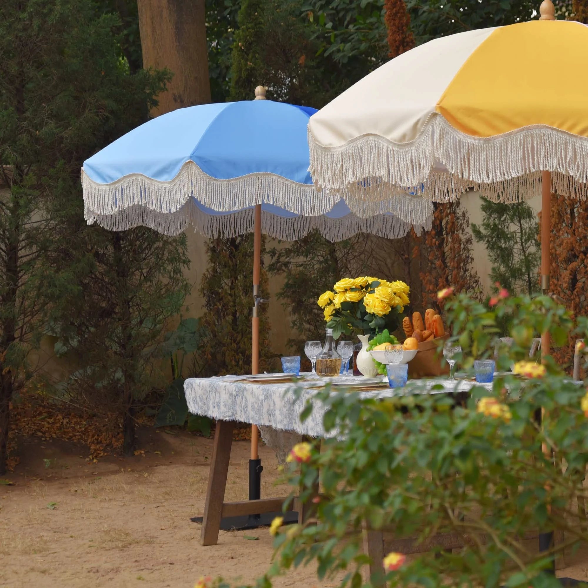 6Ft Fringe Patio Umbrella with Tassels & Carry Bag Wood Blue T40712