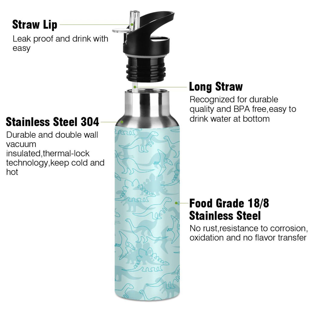 Dinosaur Green Pattern Stainless Steel Insulated Water Bottle with Straw Lid V7103