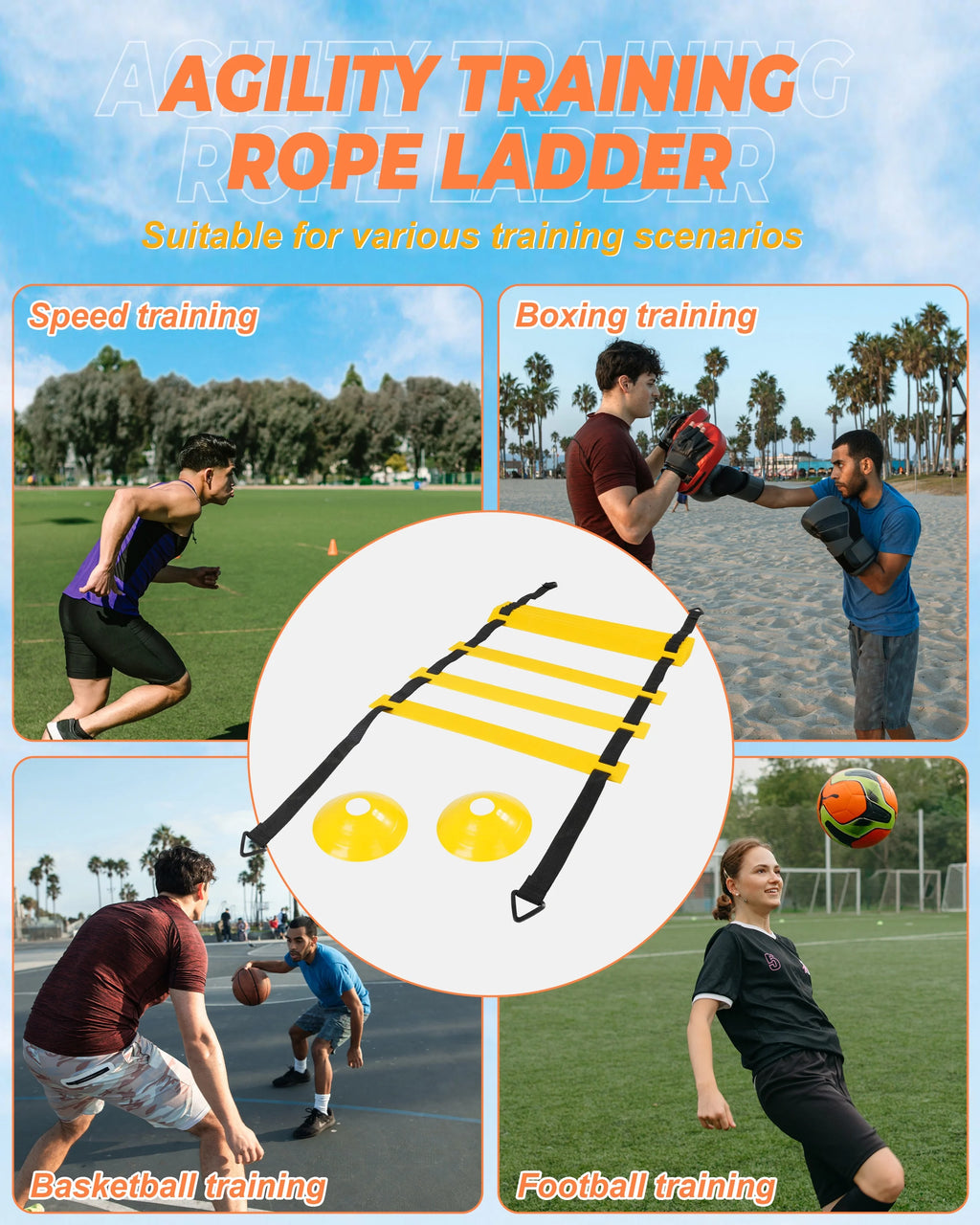Agility Training Equipment Set with 20ft Ladder, Cones, Parachute, Bands, Jump Rope Q721