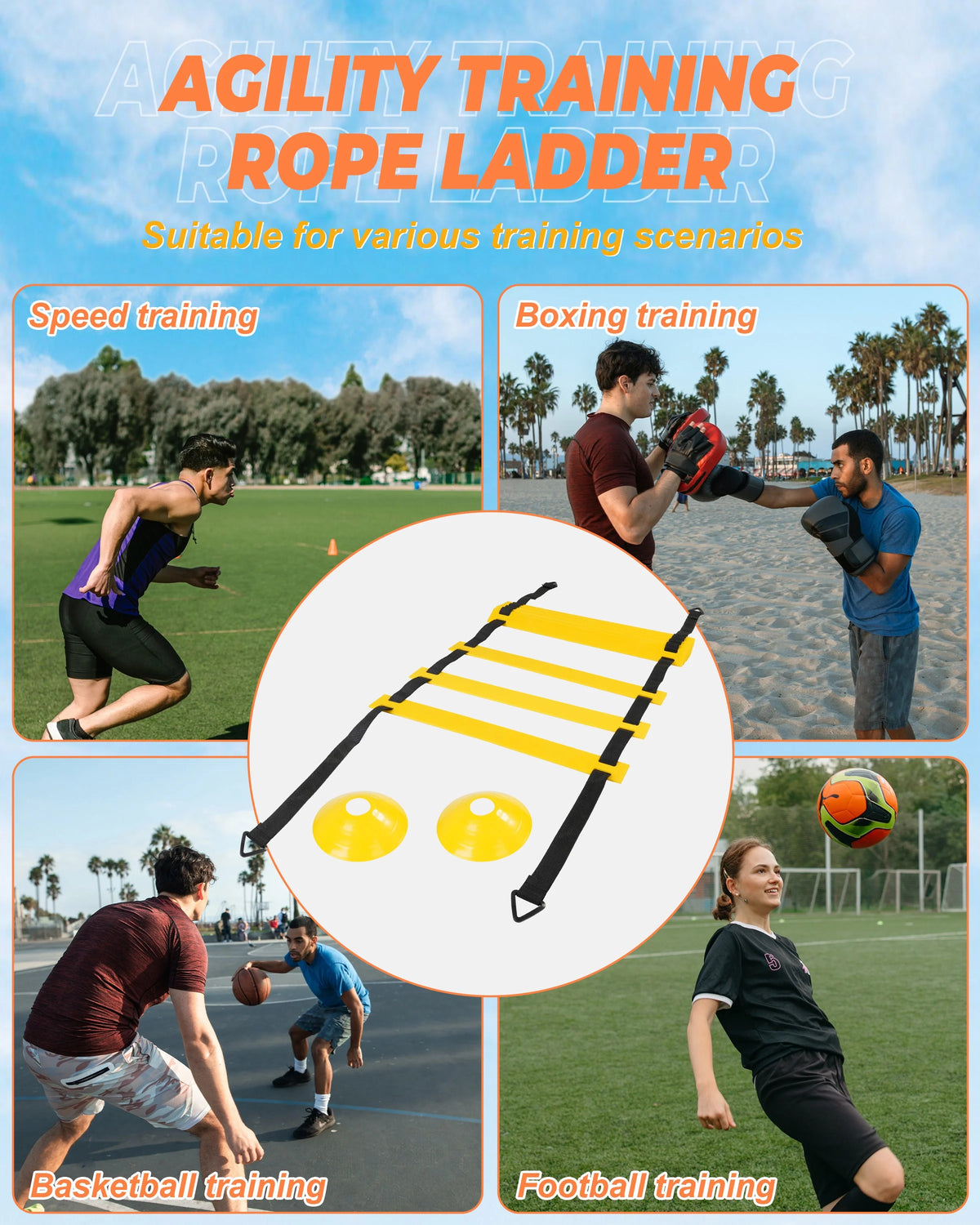 Agility Training Equipment Set with 20ft Ladder, Cones, Parachute, Bands, Jump Rope Q721