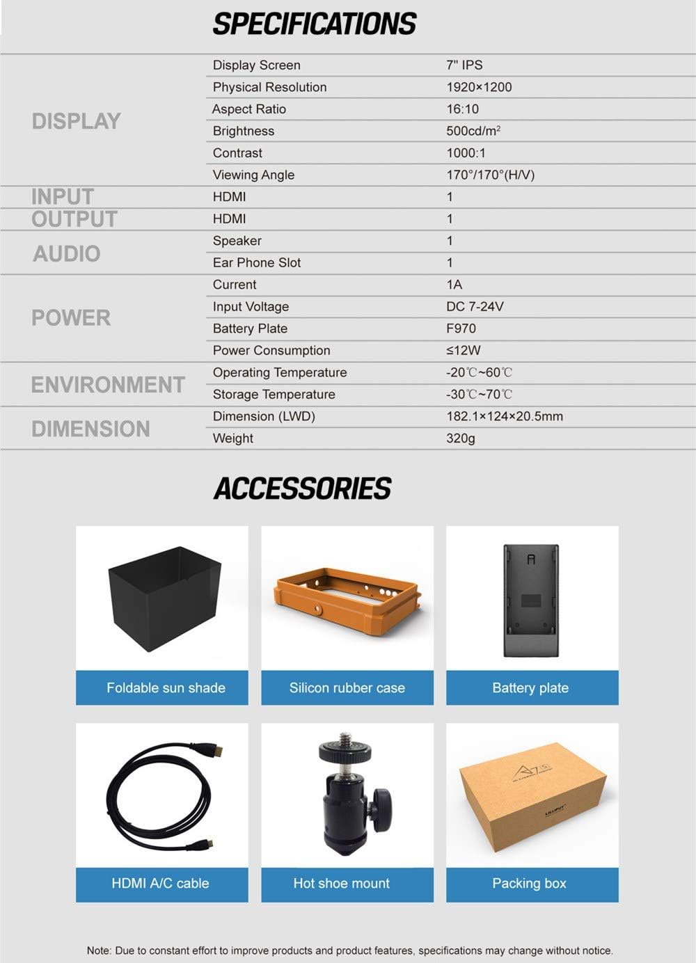 7 Inch 4K HDMI Field Monitor with Yellow Rubber Case M24476