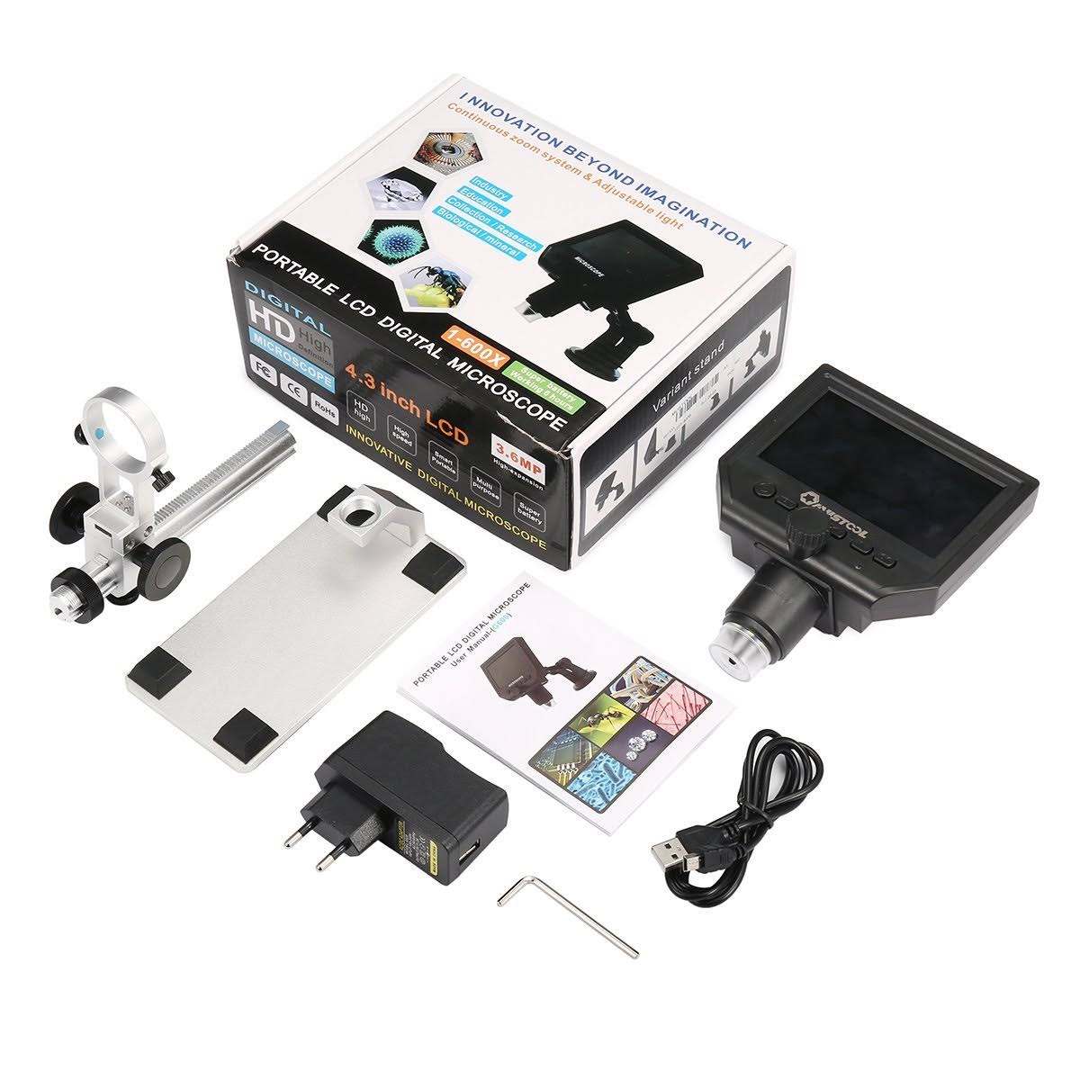 Digital Microscope 1-600X 3.6MP 4.3inch HD LCD Display with Aluminum Alloy Stand I692