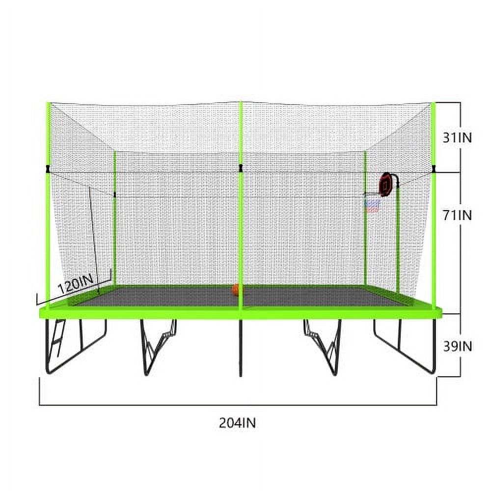 10ft by 17ft Rectangular Trampoline with Green Fabric Black Powder-coated Galvanized Steel Tubes with Basketball Hoop System C8853