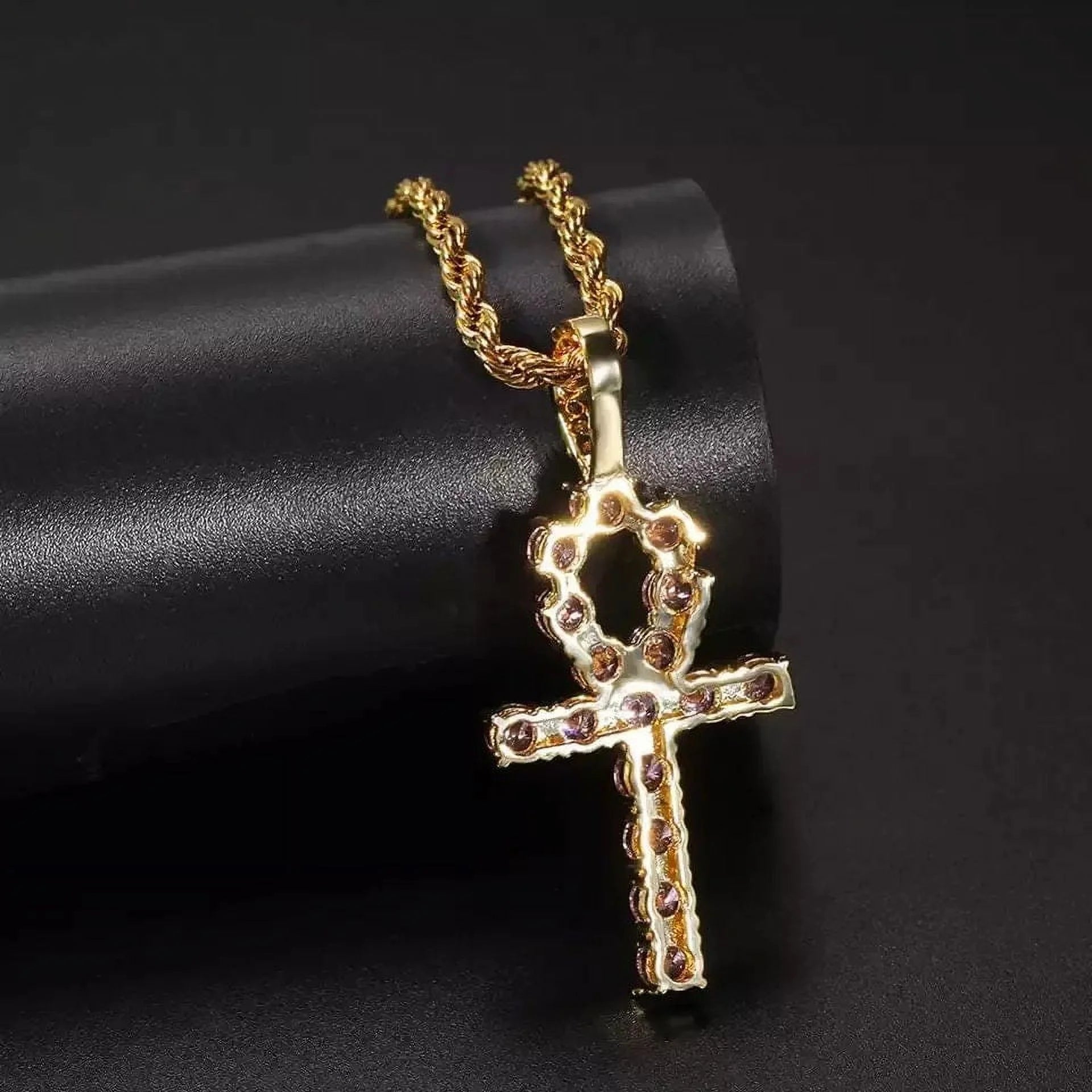 14K Gold Over Finish Simulated Diamond Pink Egyptian Ankh Cross Charm Pendant Necklace X641
