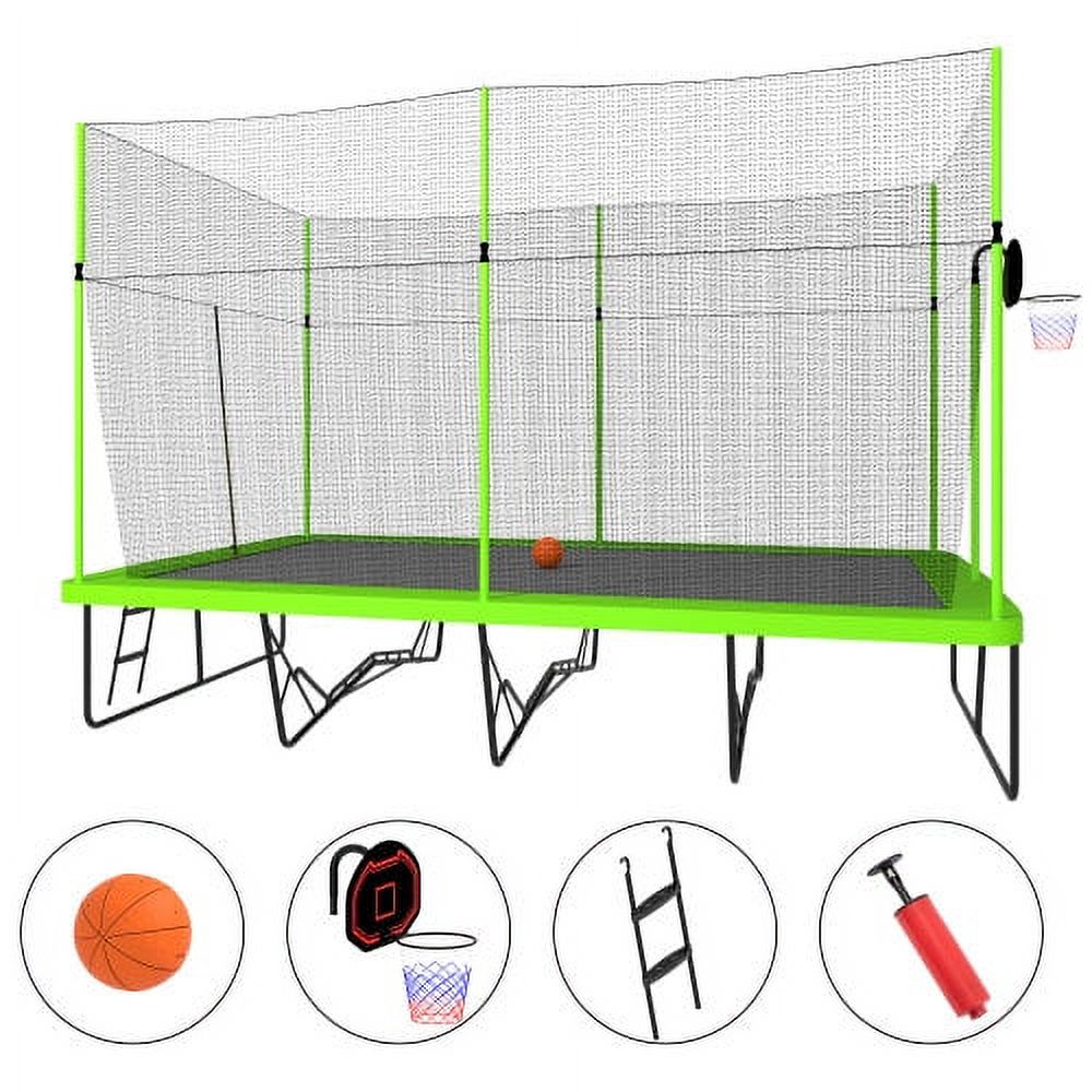 10ft by 17ft Rectangular Trampoline with Green Fabric Black Powder-coated Galvanized Steel Tubes with Basketball Hoop System C8853