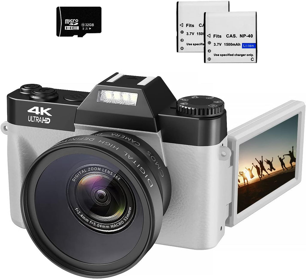 48MP 16X Digital Zoom Flip Screen Autofocus Camcorder with Wide-Angle Lens, Macro Lens, 32G Micro Card, 2 Batteries (Gray) J1729