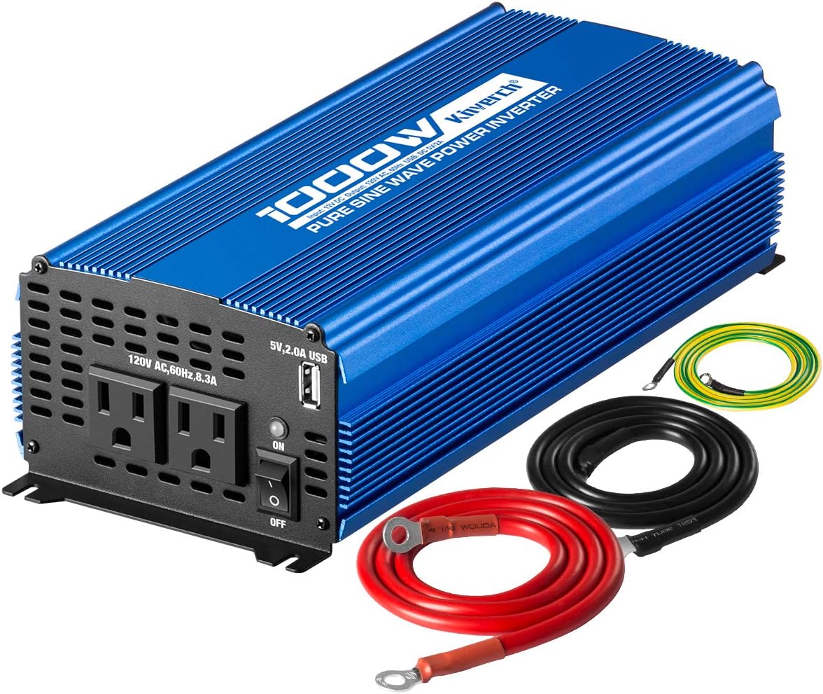 Pure Sine Wave Inverter 1000W DC 12V to AC 110V with Dual AC Outlets & 2A USB Ports G103