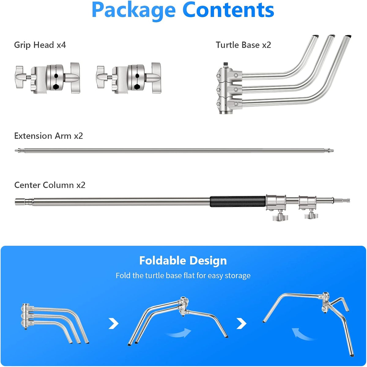 100% Stainless Steel C-Stand (2-Pack) with Extension Arm, Grip Head, Turtle Base Y90453