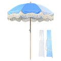 6Ft Fringe Patio Umbrella with Tassels & Carry Bag Wood Blue T40712