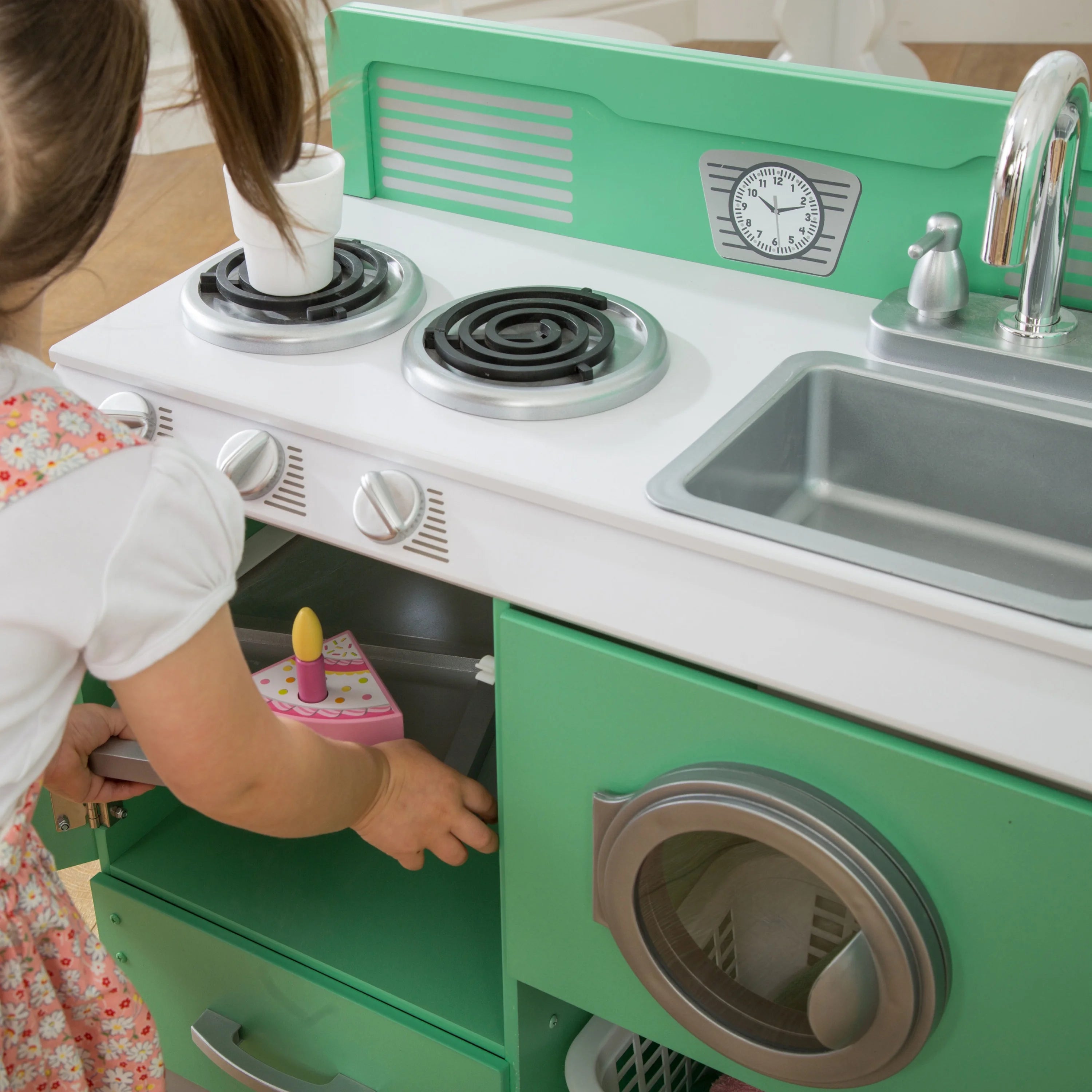 2-Piece Wooden Play Kitchen Set with Refrigerator, Dryer and Laundry Basket F858168
