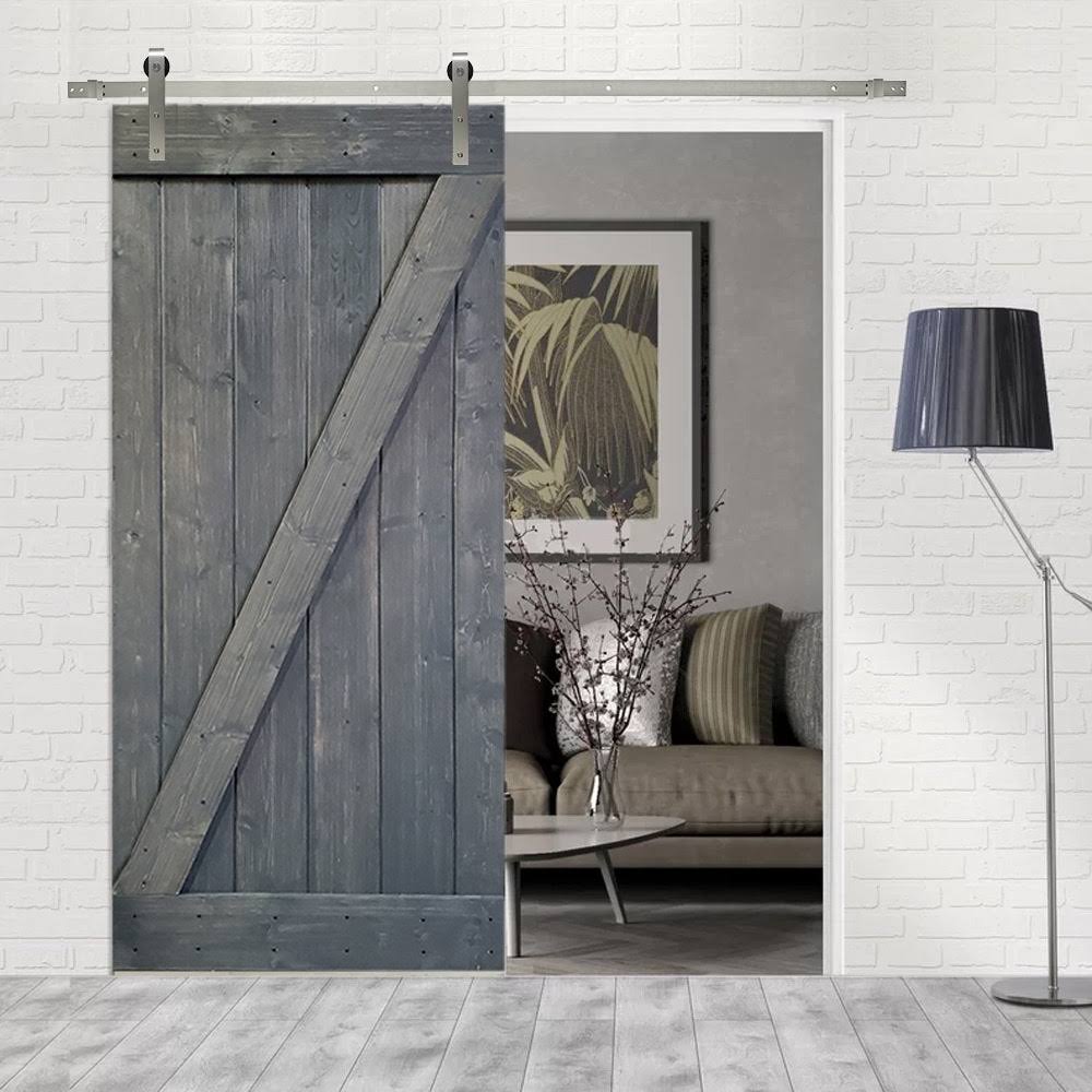 Gray Knotty Pine Wood Interior Sliding Barn Door with Hardware Kit J870054
