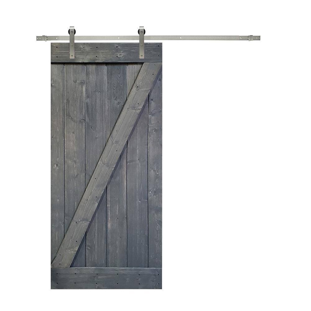 Gray Knotty Pine Wood Interior Sliding Barn Door with Hardware Kit J870054