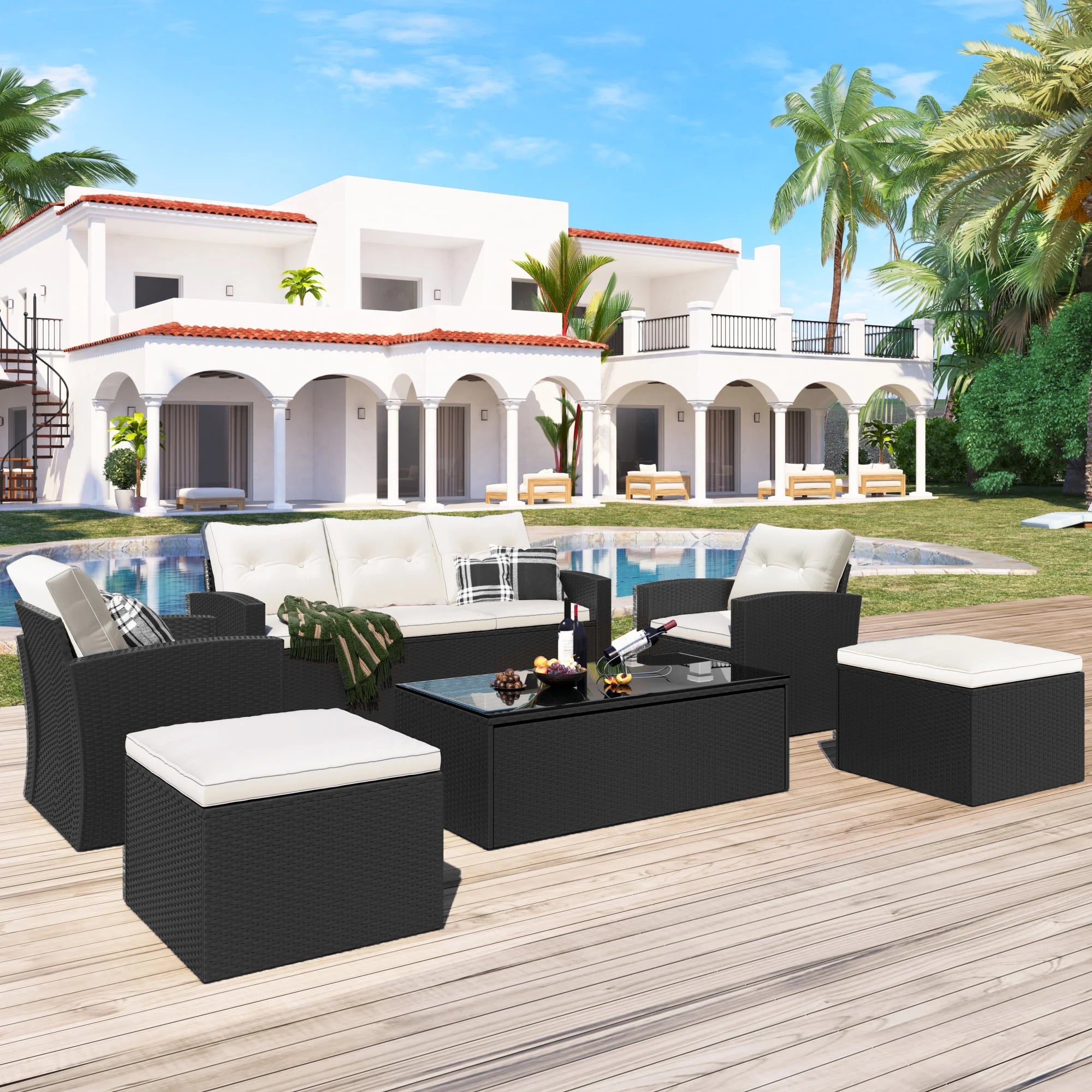6-piece PE rattan Patio Sectional Set with coffee table, ottomans, removable cushions U2308