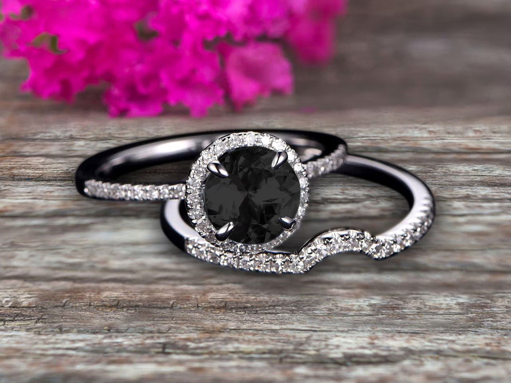 2.25 Carat Black Diamond Moissanite Engagement Ring Set With Curved Diamond Matching Band 10K White Gold Bridal Ring Set W300