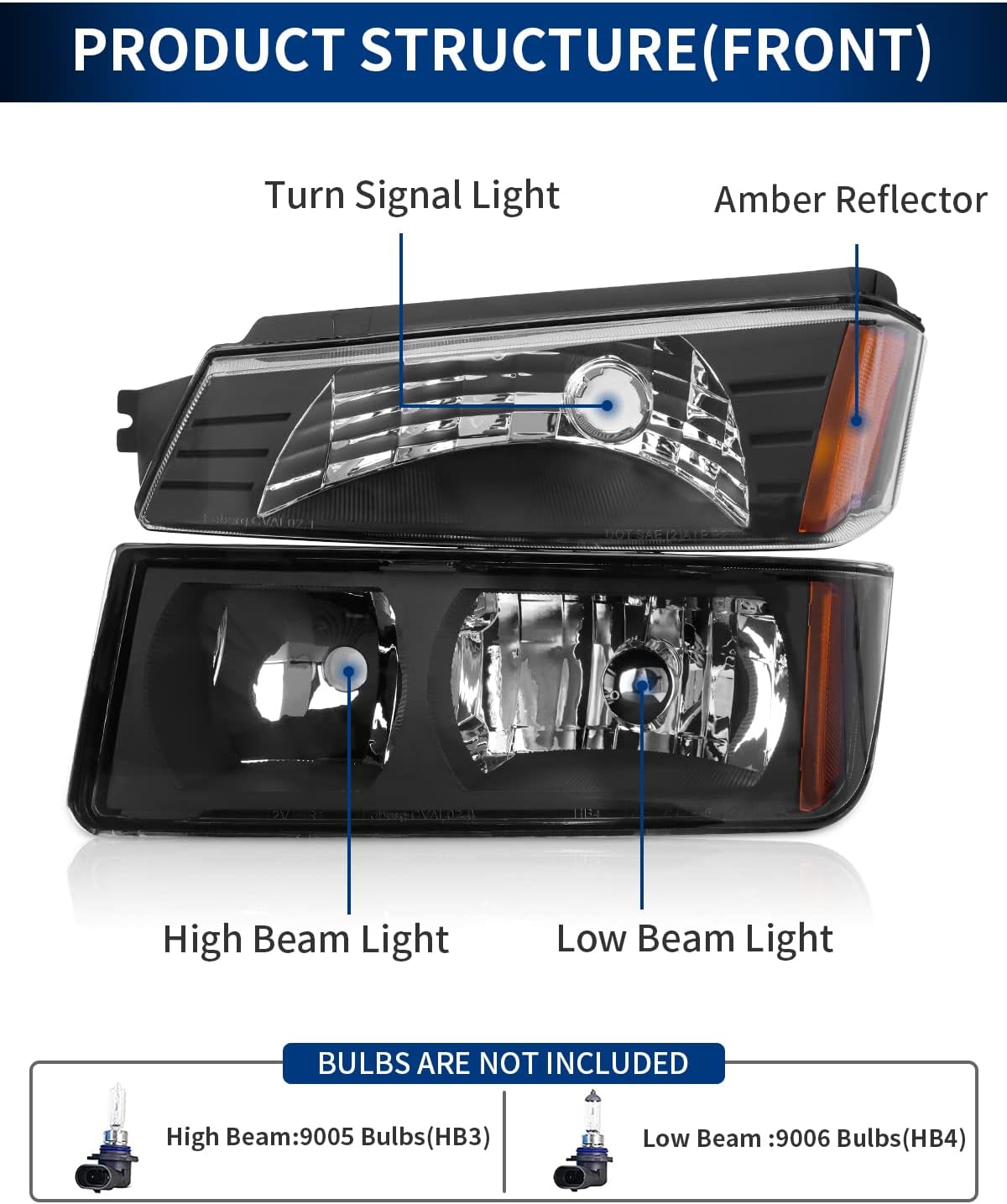 Black Housing Clear Lens Amber Reflector Headlights Assembly H750911