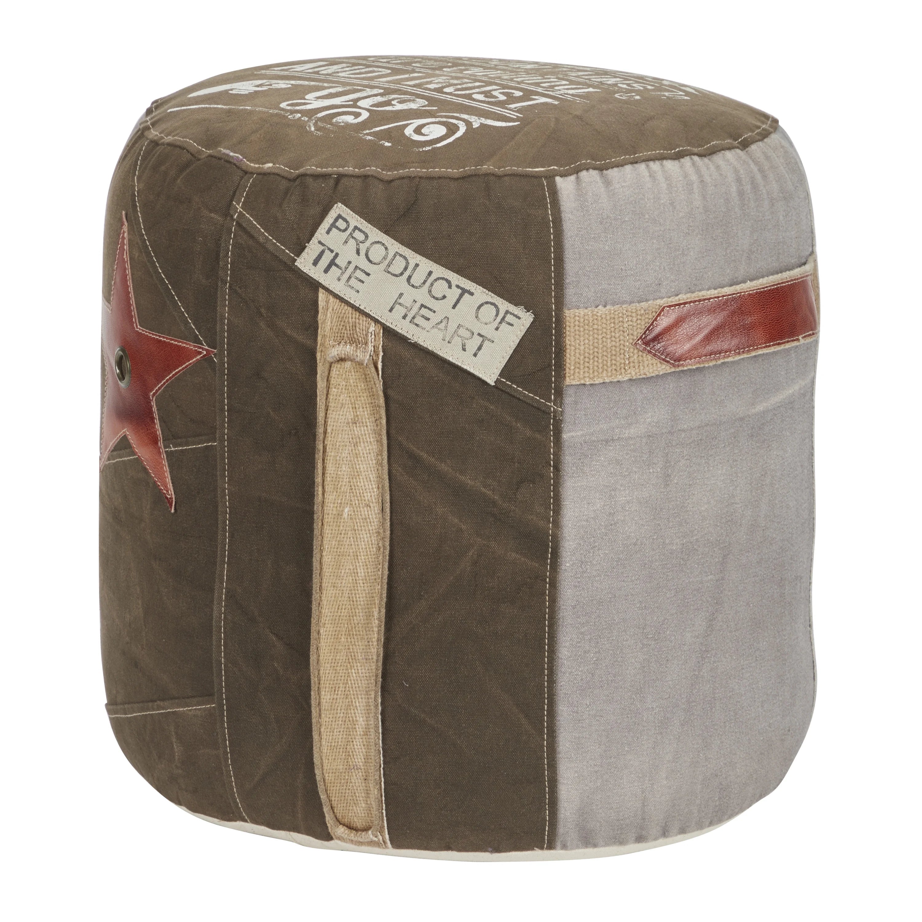 Brown Canvas Pouf with Leather Accents O3902