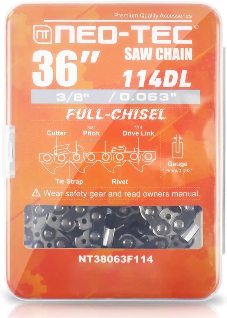 36 Inch Full Chisel Chainsaw Chain 3/8 Pitch 0.063 Gauge 114 Drive Link V253