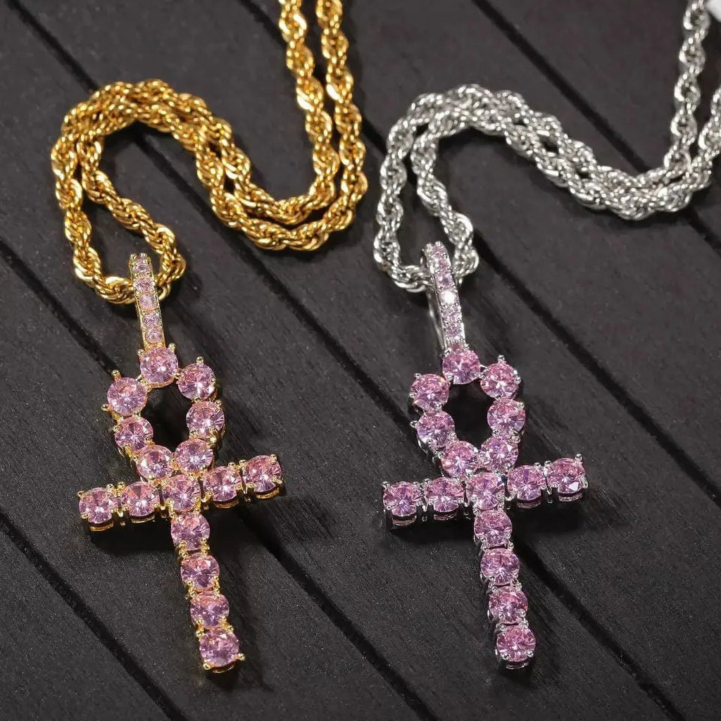 14K Gold Over Finish Simulated Diamond Pink Egyptian Ankh Cross Charm Pendant Necklace X641