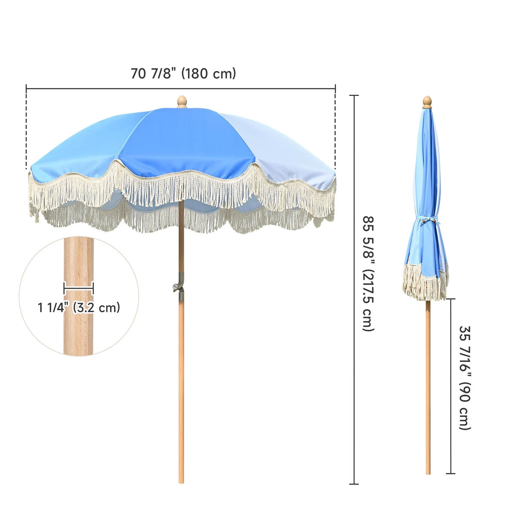 6Ft Fringe Patio Umbrella with Tassels & Carry Bag Wood Blue T40712