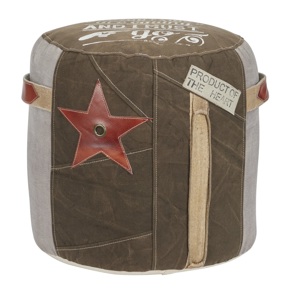Brown Canvas Pouf with Leather Accents O3902