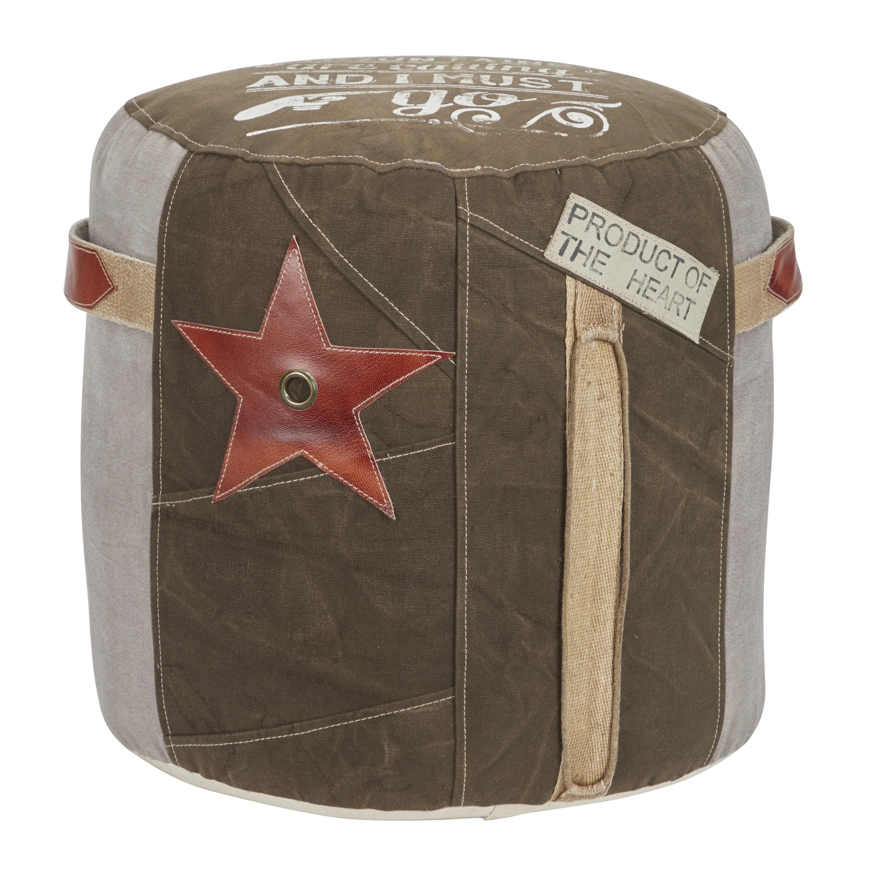Brown Canvas Pouf with Leather Accents O3902