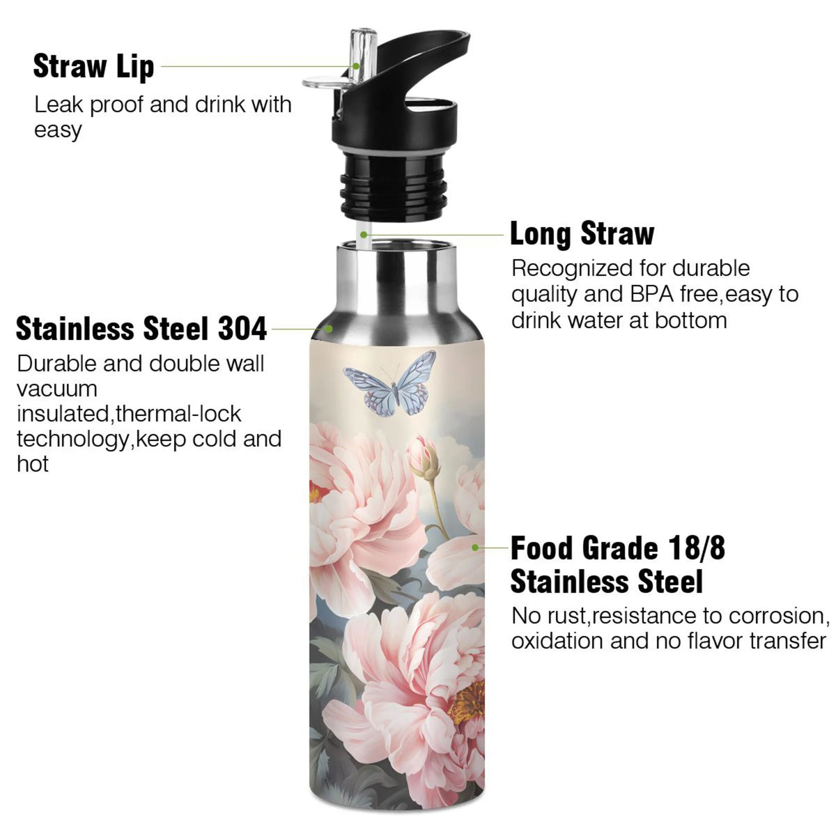 Pink Flowers and Butterflies Stainless Steel Insulated Water Bottle L669064