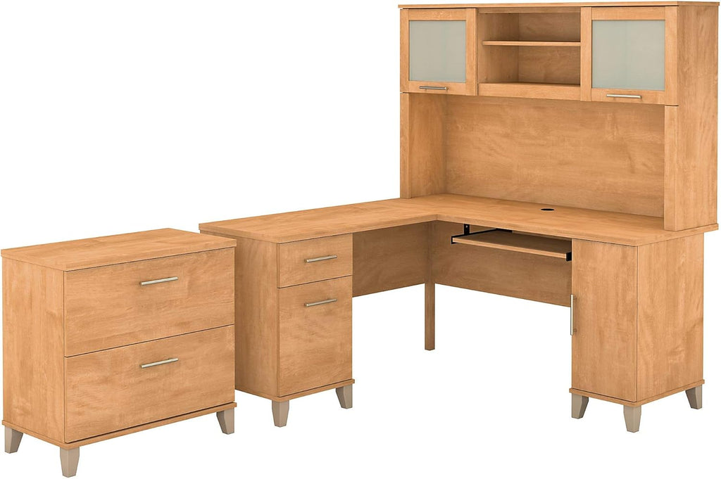 Ash Gray L Shaped Desk with Hutch and Lateral File Cabinet S8607
